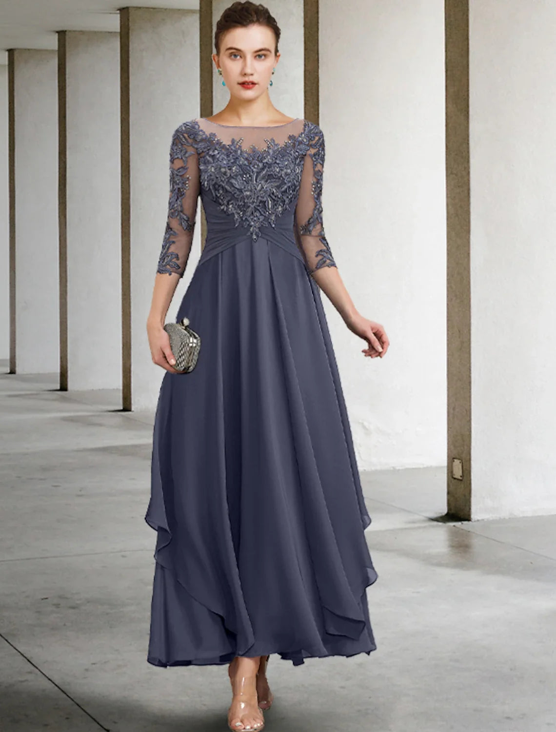A-Line Mother of the Bride Dress Appliques Fall Wedding Guest Elegant Scoop Neck Ankle Length Chiffon Lace Sequin 3/4 Length Sleeve with Ruched