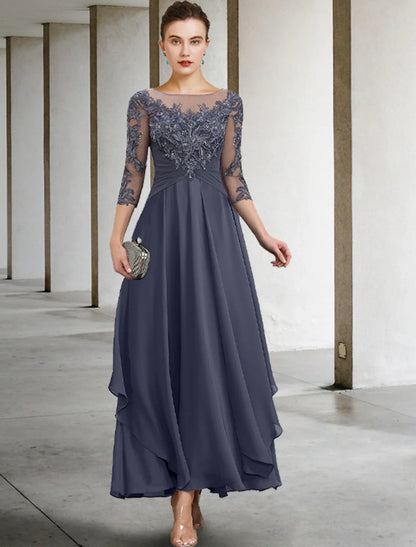 A-Line Mother of the Bride Dress Appliques Fall Wedding Guest Elegant Scoop Neck Ankle Length Chiffon Lace Sequin 3/4 Length Sleeve with Ruched
