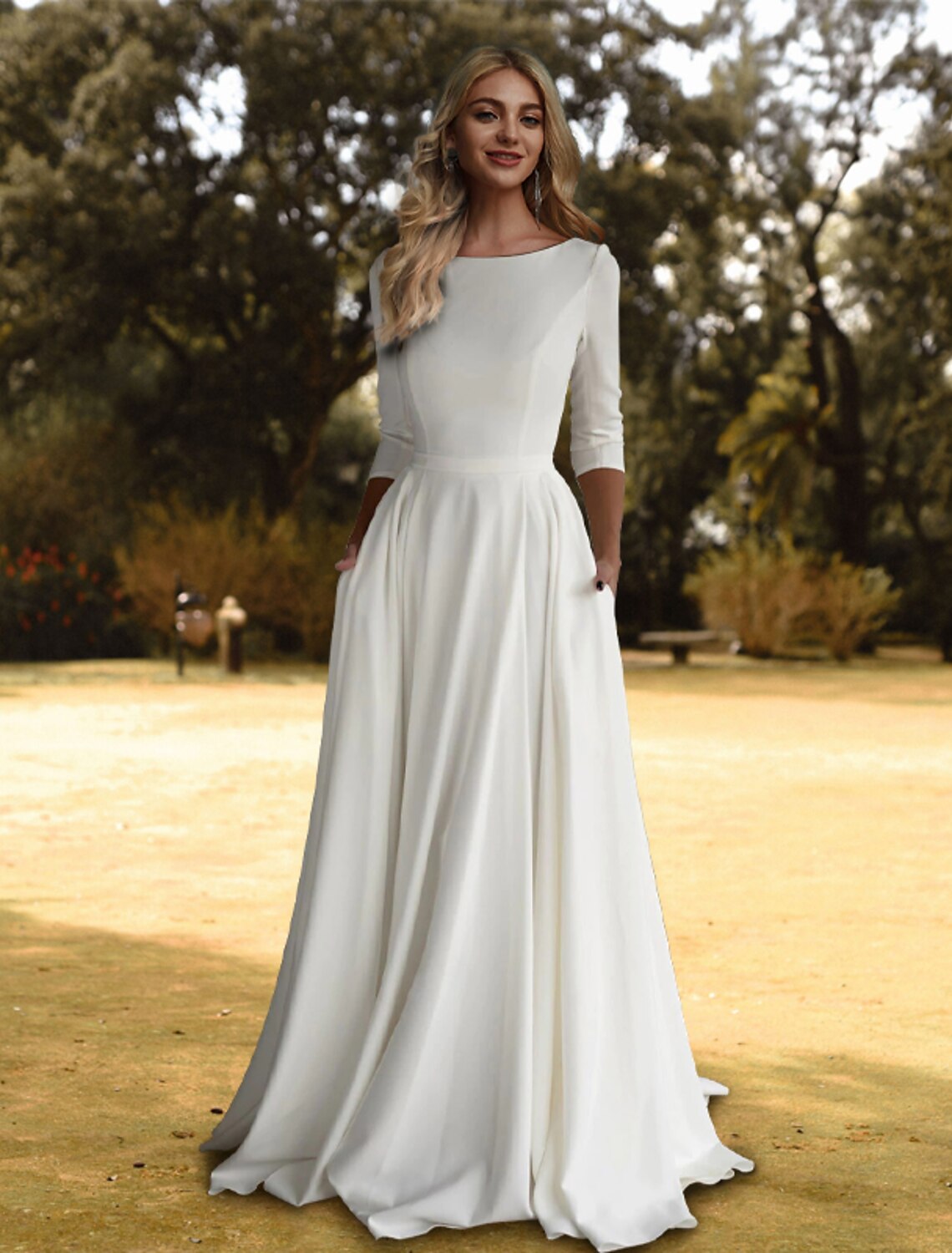 Hall Casual Wedding Dresses A-Line Scoop Neck 3/4 Length Sleeve Sweep / Brush Train Stretch Fabric Bridal Gowns With Pleats Solid Color
