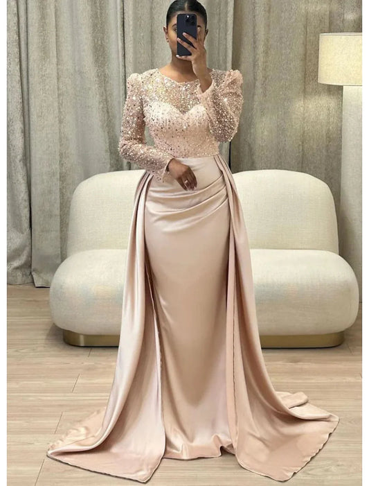 Mermaid Sequin Evening Gown Ruched Satin Dress Long Sleeves Floor Length Sparkle Illusion Neck Prom Wedding Guest Dress