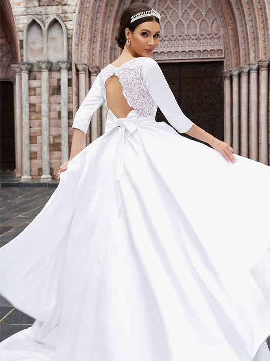 Satin Bowknot Bateau 3/4 Sleeves Sweep/Brush Train Wedding Dresses