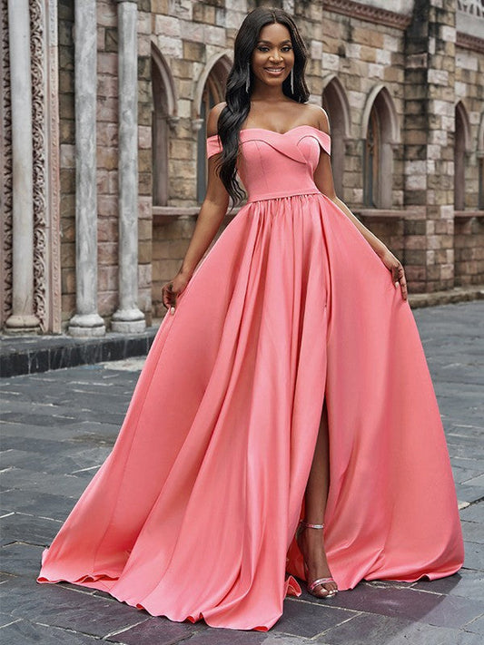 Satin Sleeveless Ruffles Off-the-Shoulder Court Train Dresses