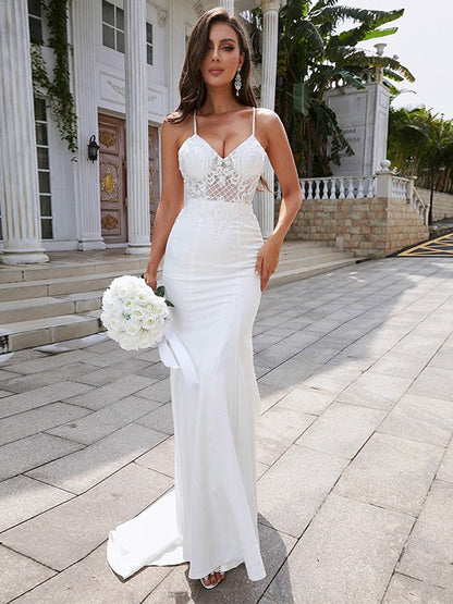 Lace V-neck Sleeveless Sweep/Brush Train Wedding Dresses