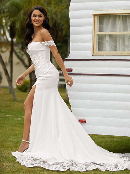 Lace Off-the-Shoulder Sleeveless Cathedral Train Wedding Dresses