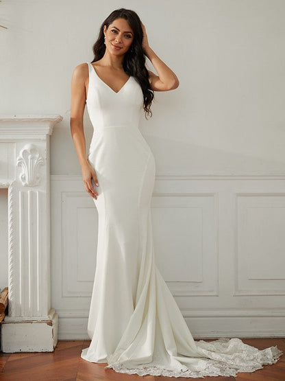 Lace V-neck Sleeveless Sweep/Brush Train Wedding Dresses