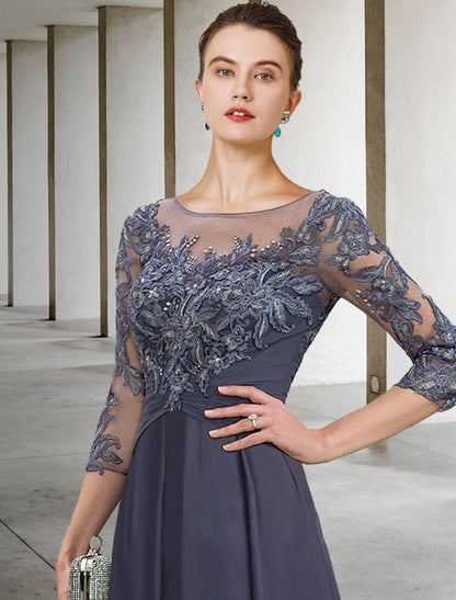 A-Line Mother of the Bride Dress Appliques Fall Wedding Guest Elegant Scoop Neck Ankle Length Chiffon Lace Sequin 3/4 Length Sleeve with Ruched