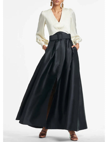 A-Line Satin Green Dress Formal Wedding Guest Dress Elegant Evening Gown High Split Pocket Long Sleeve Floor Length Color Block V Neck Belt