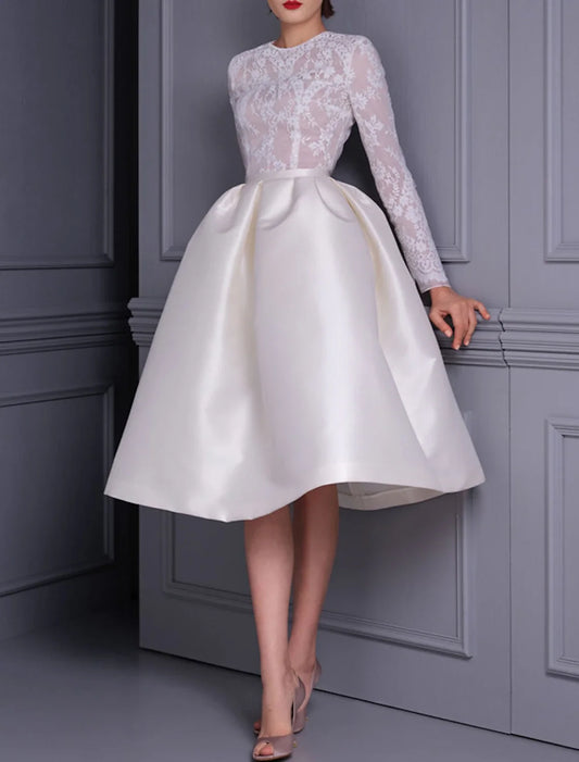 A-Line Evening Dresses Elegant Dress Wedding Party Birthday Knee Length Long Sleeve Jewel Neck Fall Wedding Guest Satin