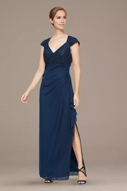 Classic A-Line V Neck Cap Sleeve Sequin Floor-Length Mother of the Bride Dress