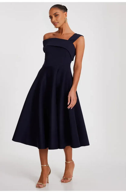 Simple A-Line Asymmetric-neck Sleeveless Backless Tea-Length Prom Dress