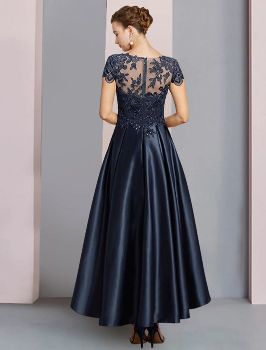 Navy Lace‑Sequins A‑Line Round‑Neck Short‑Sleeve Illusion‑Back High‑Low Mother Of The Bride Dress