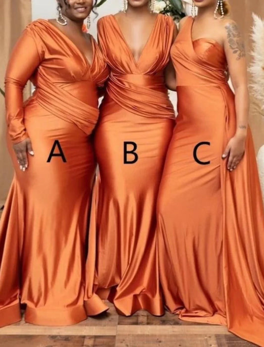 Sheath / Column Bridesmaid Dress One Shoulder / V Neck Long Sleeve Vintage Sweep / Brush Train Spandex