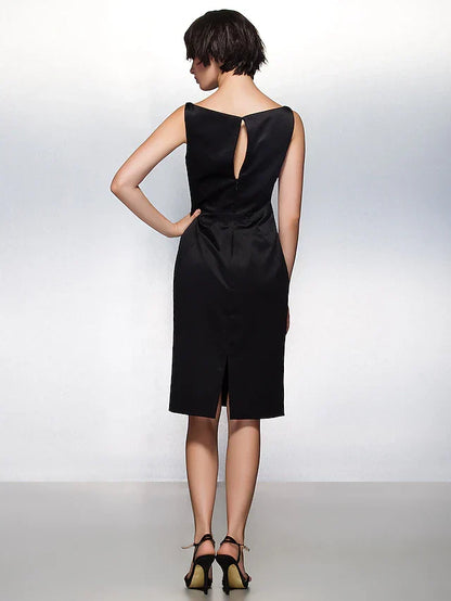 Sheath / Column Party Dress Wedding Guest Knee Length Sleeveless Bateau Neck Satin