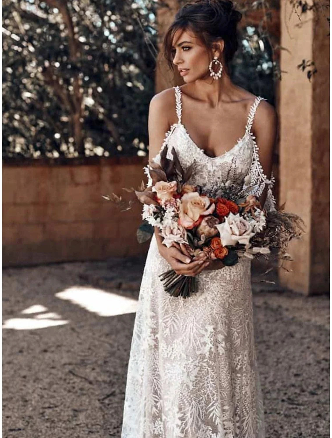 Boho Lace A‑Line Deep‑V Fringe Cold‑Shoulder Open‑Back Chapel‑Train Wedding Dress For Garden