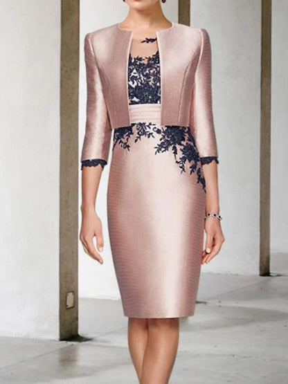 Formal Women's Dresses Two Piece Sheath/Column 3/4 Sleeve knee-Length Mother of the Bride Dresses with Appliques Color Block Prom Dresses Stores