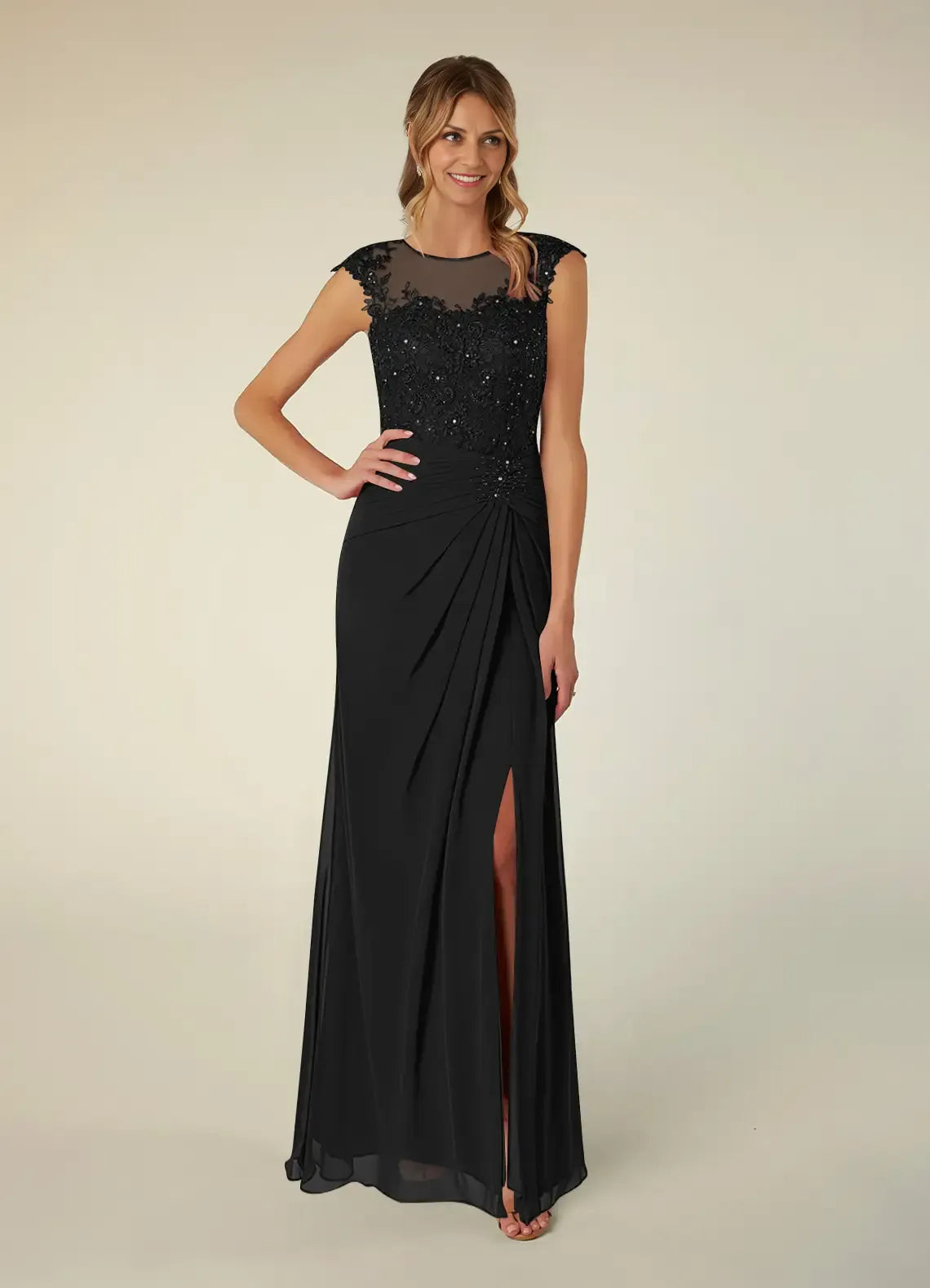 Dress Black A-Line Scoop Neck Sequins Chiffon Mother of the Groom Dresses Elegant Illusion Cap Sleeves Leg Slit Evening Dress