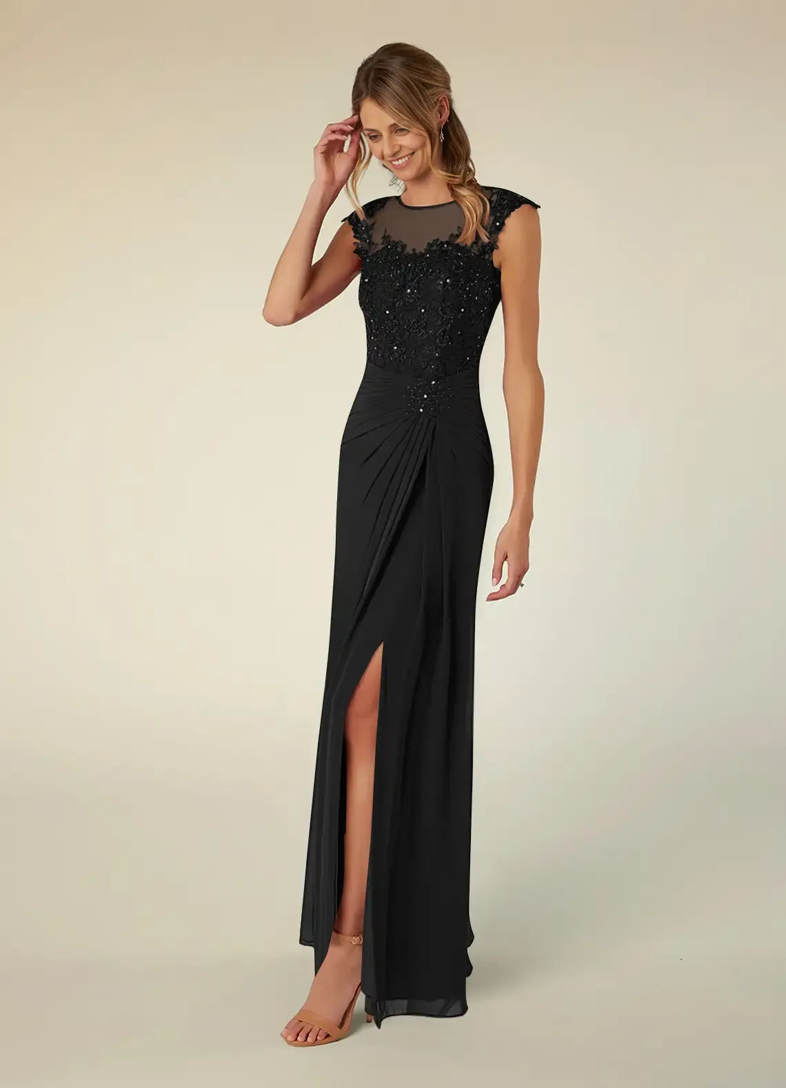 Dress Black A-Line Scoop Neck Sequins Chiffon Mother of the Groom Dresses Elegant Illusion Cap Sleeves Leg Slit Evening Dress