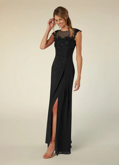 Dress Black A-Line Scoop Neck Sequins Chiffon Mother of the Groom Dresses Elegant Illusion Cap Sleeves Leg Slit Evening Dress