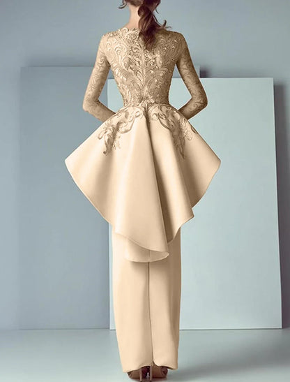 Sheath / Column Mother of the Bride Dress Formal Wedding Guest Elegant Party Scoop Neck Floor Length Lace Stretch Fabric Long Sleeve