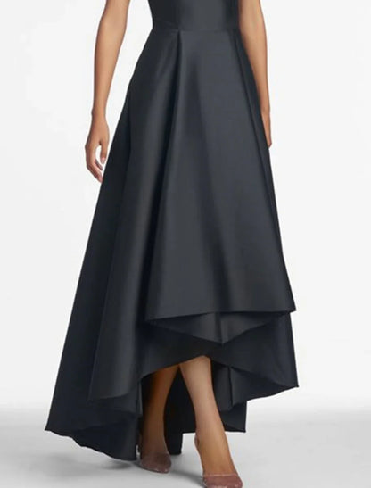 A-Line Wedding Guest Dresses Elegant Black Dress Wedding Guest Wedding Party Asymmetrical Sleeveless Jewel Neck Satin