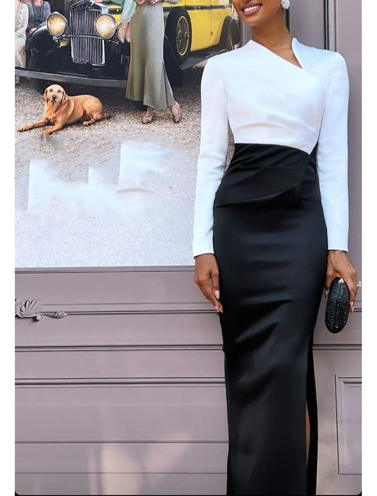 Sheath / Column Evening Gown Elegant Dress Formal Wedding Guest Floor Length Long Sleeve V Neck Black Dress Stretch Fabric
