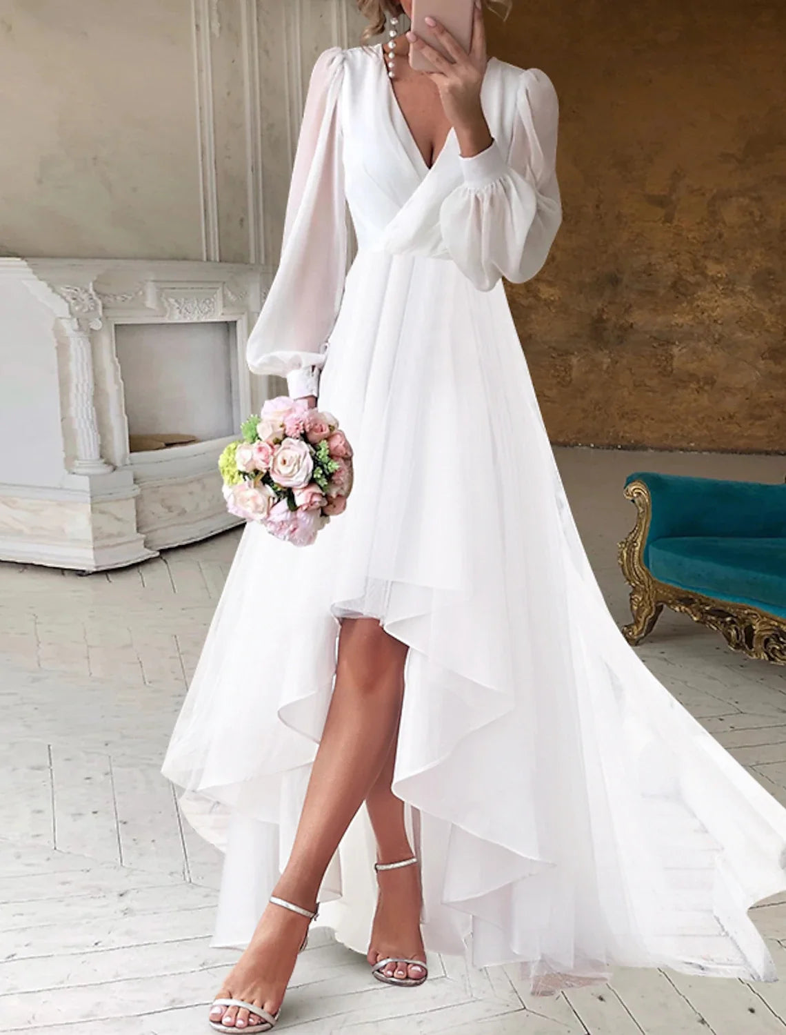 White Chiffon A‑Line Surplice V‑Neck Bishop Long‑Sleeve High‑Back High‑Low Train Wedding Dress