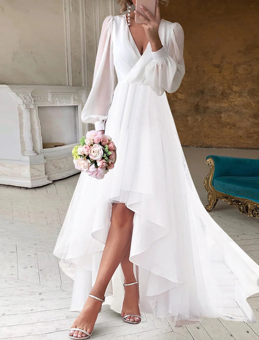 White Chiffon A‑Line Surplice V‑Neck Bishop Long‑Sleeve High‑Back High‑Low Train Wedding Dress