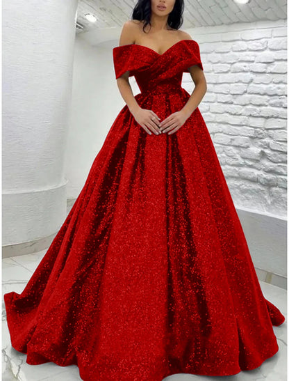 A-Line Prom Dresses Elegant Dress Black Tie Gala Sweep / Brush Train Short Sleeve Off Shoulder Sequined