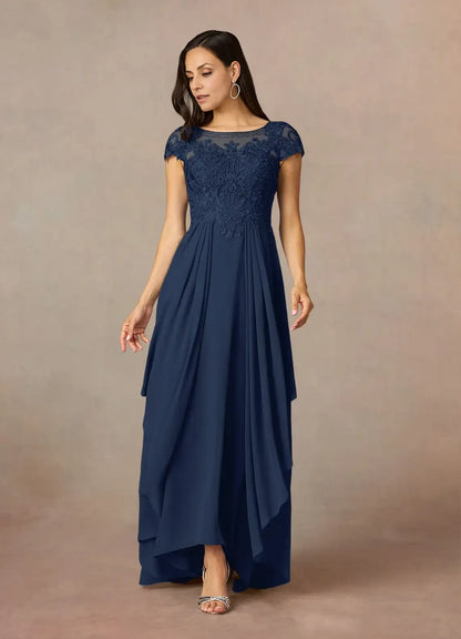 lovely A-Line Scoop Neck Cap Sleeve Back Zip Asymmetrical-Length Mother of the Bride Dress