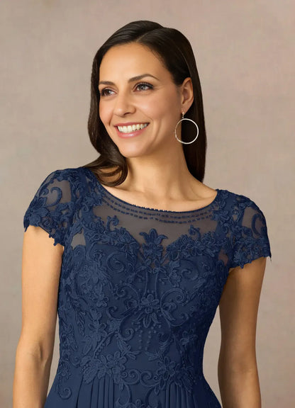 lovely A-Line Scoop Neck Cap Sleeve Back Zip Asymmetrical-Length Mother of the Bride Dress
