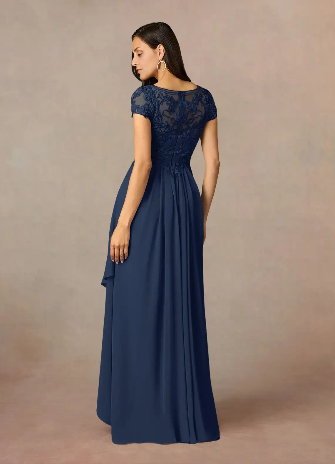 lovely A-Line Scoop Neck Cap Sleeve Back Zip Asymmetrical-Length Mother of the Bride Dress