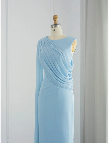 Sheath / Column Evening Gown Elegant Dress Formal Fall Sweep / Brush Train Sleeveless Cowl Neck Chiffon