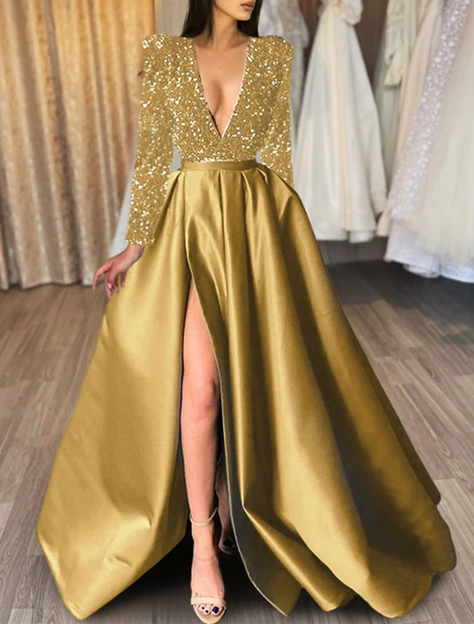 A-Line Evening Gown Red Green Dress Formal Black Dress Wedding Court Train Half Sleeve V Neck Satin