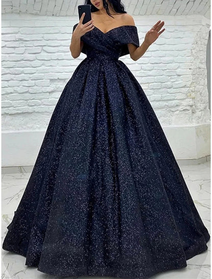A-Line Prom Dresses Elegant Dress Black Tie Gala Sweep / Brush Train Short Sleeve Off Shoulder Sequined