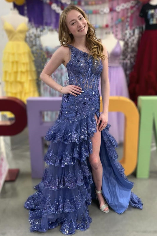 Gorgeous Sheath One Shoulder Navy Corset Prom Dress with Tired Ruffles