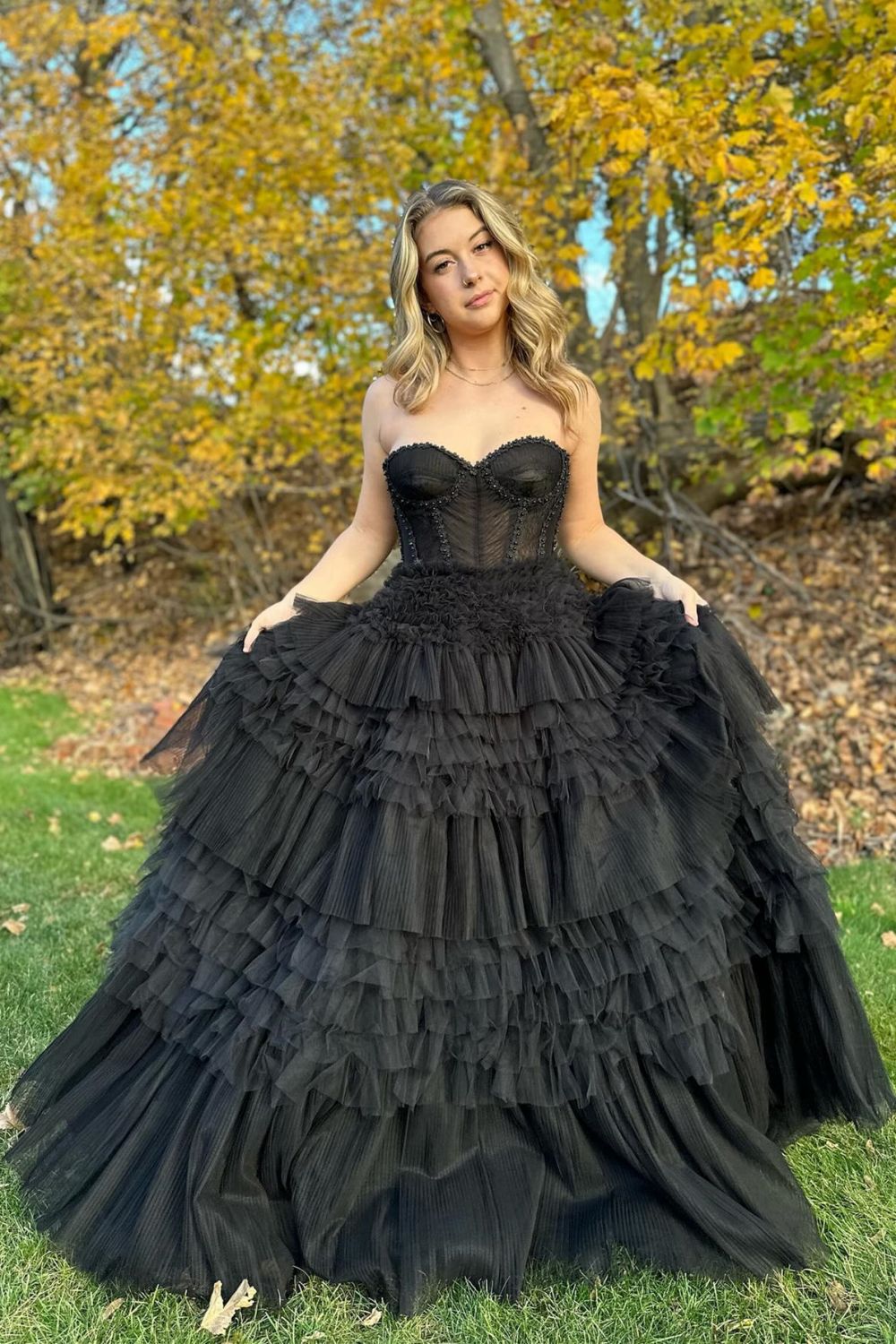 Princess A Line Sweetheart Black Corset Prom Dress with Ruffles
