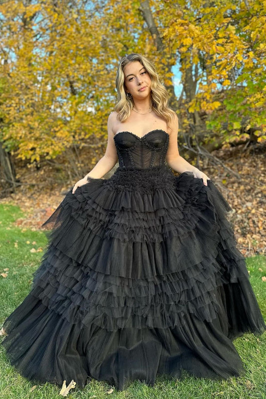 Princess A Line Sweetheart Black Corset Prom Dress with Ruffles