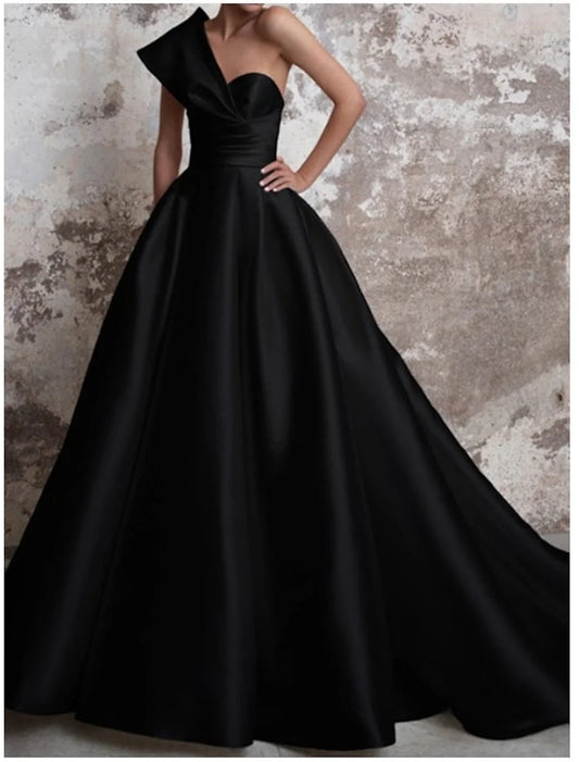 A-Line Evening Gown Party Black Dress Party Wear Church Court Train Sleeveless One Shoulder Italy Satin Backless