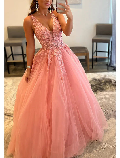 A-Line Prom Dresses Open Back Dress Formal Wedding Guest Floor Length Sleeveless V Neck Tulle Backless
