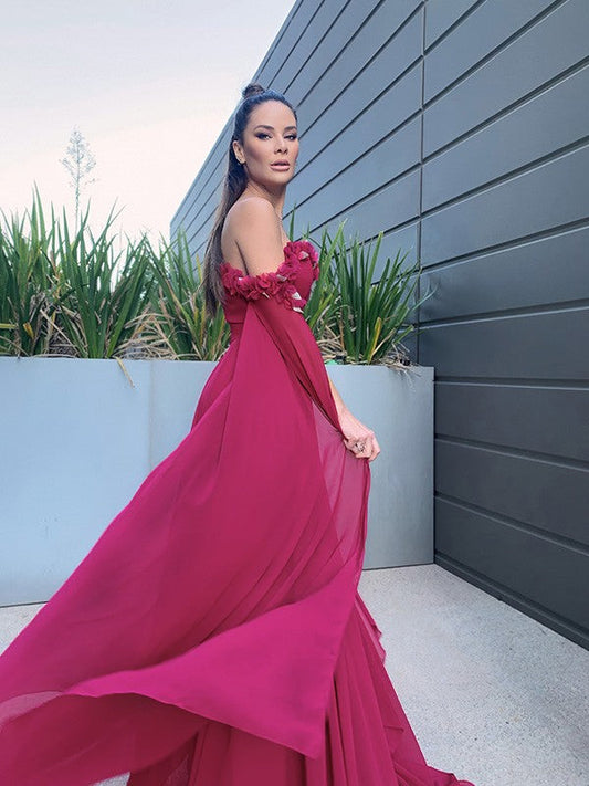 Chiffon Floor-Length Long Sleeves Ruffles Off-the-Shoulder Dresses