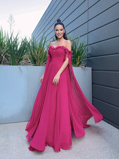 Chiffon Floor-Length Long Sleeves Ruffles Off-the-Shoulder Dresses