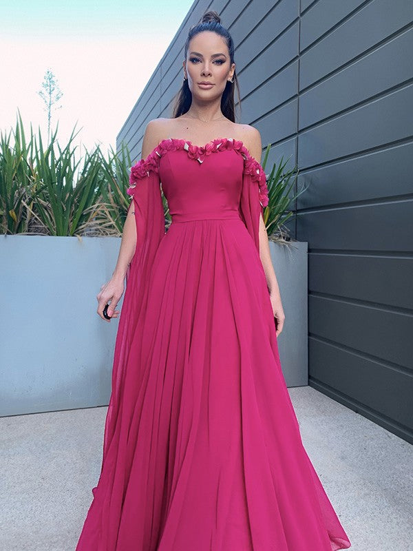 Chiffon Floor-Length Long Sleeves Ruffles Off-the-Shoulder Dresses