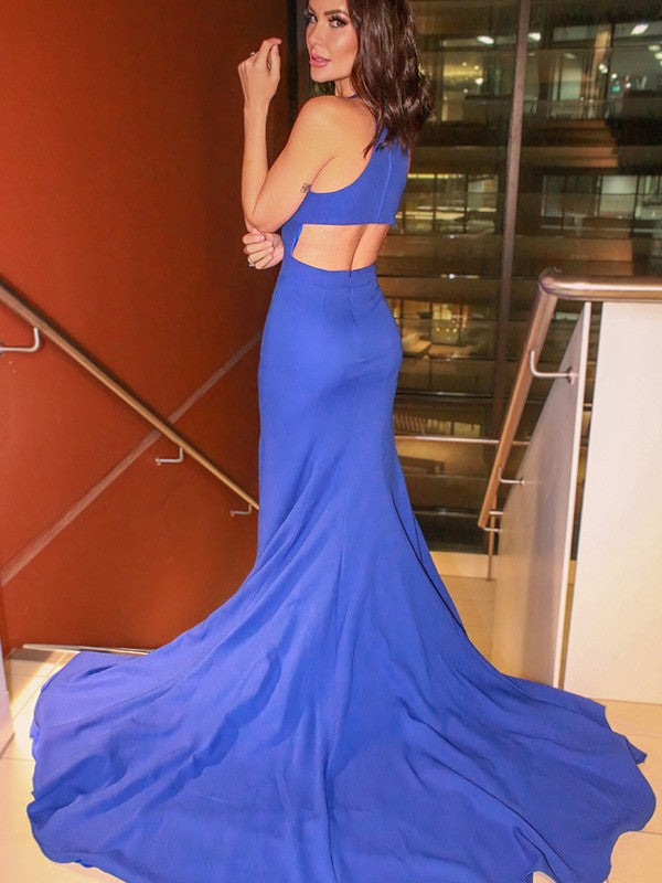 Halter Sleeveless Ruffles Sweep/Brush Train Prom Dresses