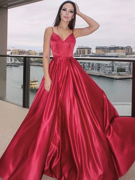 Sleeveless Ruffles V-neck Satin Floor-Length Dresses
