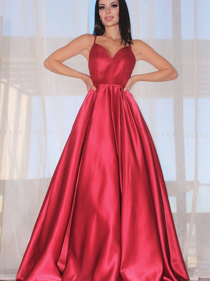 Sleeveless Ruffles V-neck Satin Floor-Length Dresses