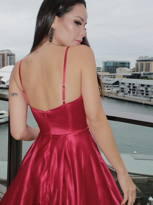 Sleeveless Ruffles V-neck Satin Floor-Length Dresses