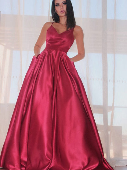 Sleeveless Ruffles V-neck Satin Floor-Length Dresses