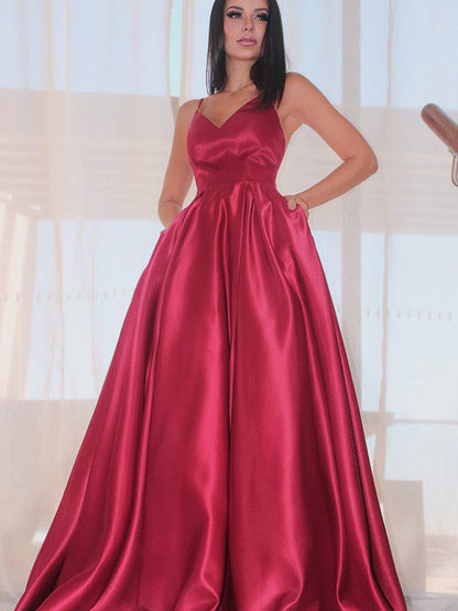 Sleeveless Ruffles V-neck Satin Floor-Length Dresses
