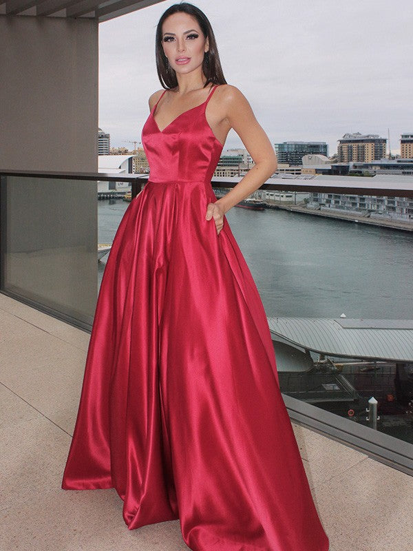 Sleeveless Ruffles V-neck Satin Floor-Length Dresses