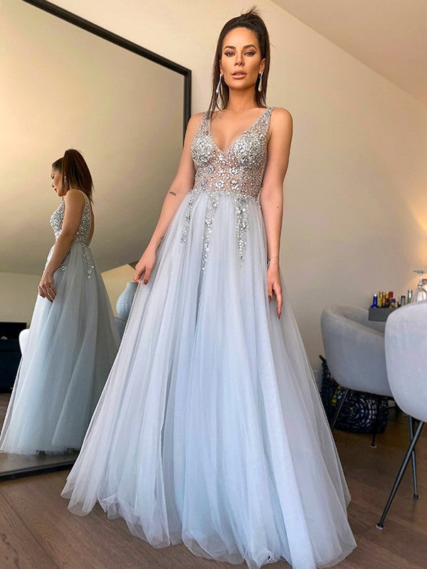 V-neck Beading Tulle Sleeveless Floor-Length Dresses